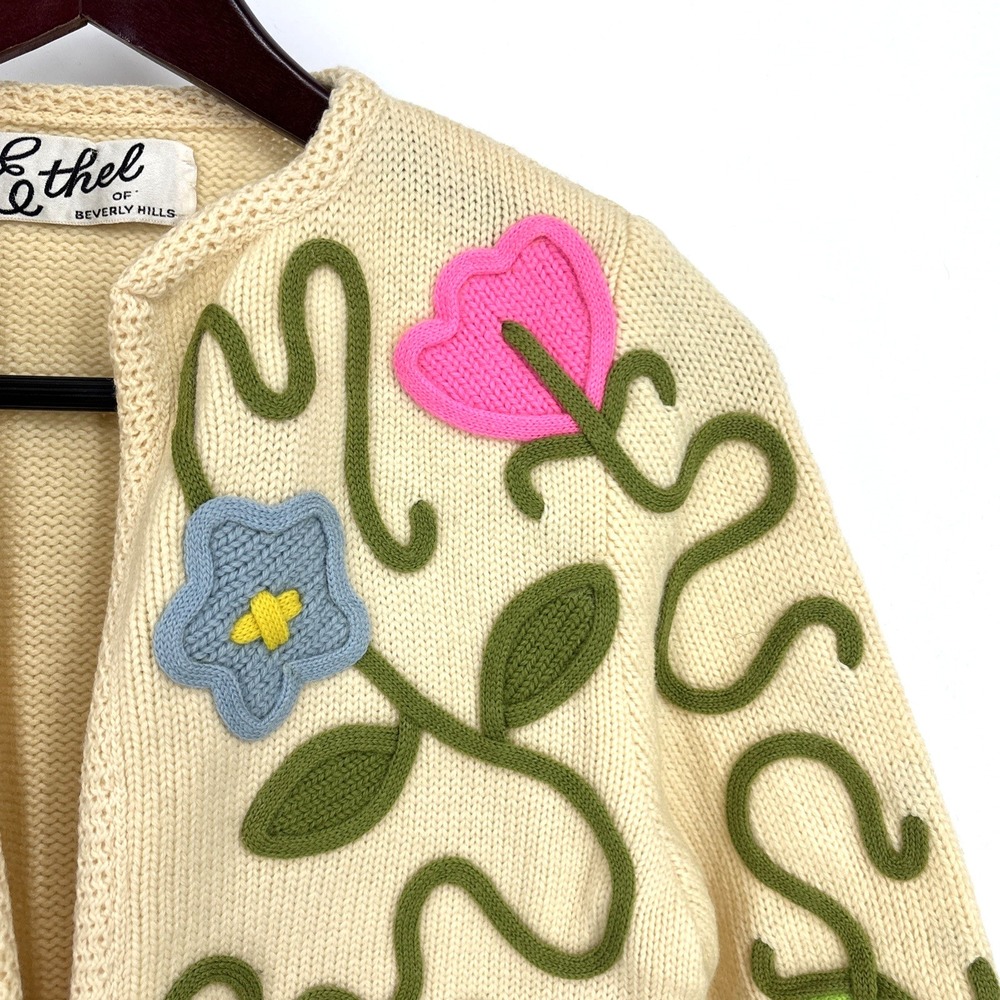 ETHEL OF BEVERLY‎ HILLS Vintage Tulip Floral Embellished Knit Cardigan Sweater - Picture 8 of 12